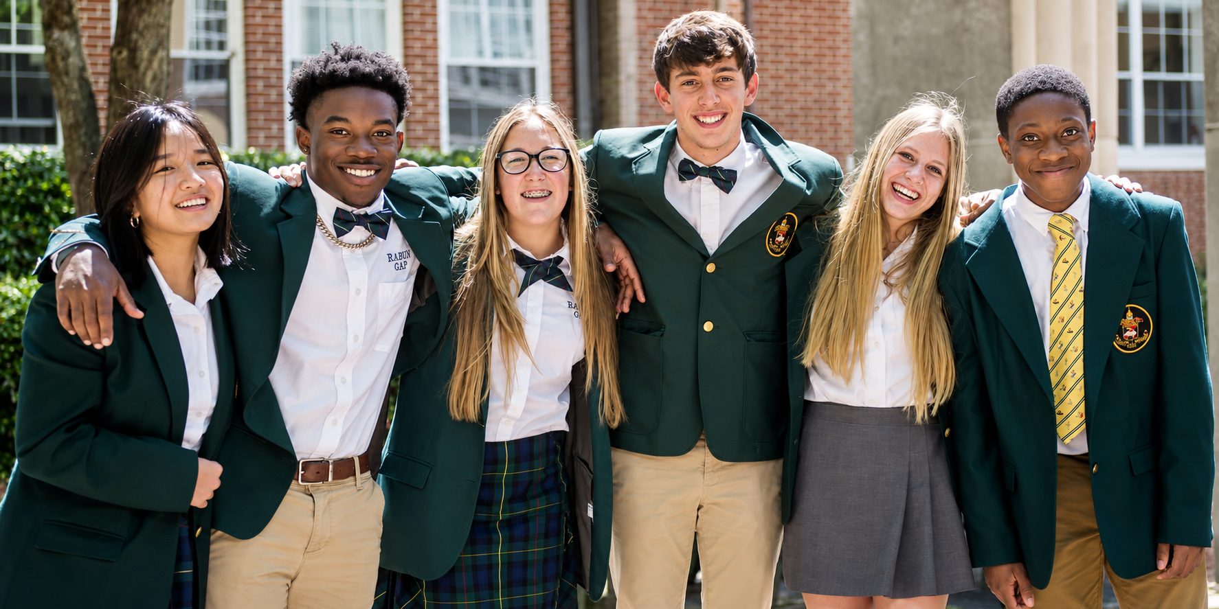 Smiling teenage students in green blazer uniforms standing arm in arm outside their US boarding school