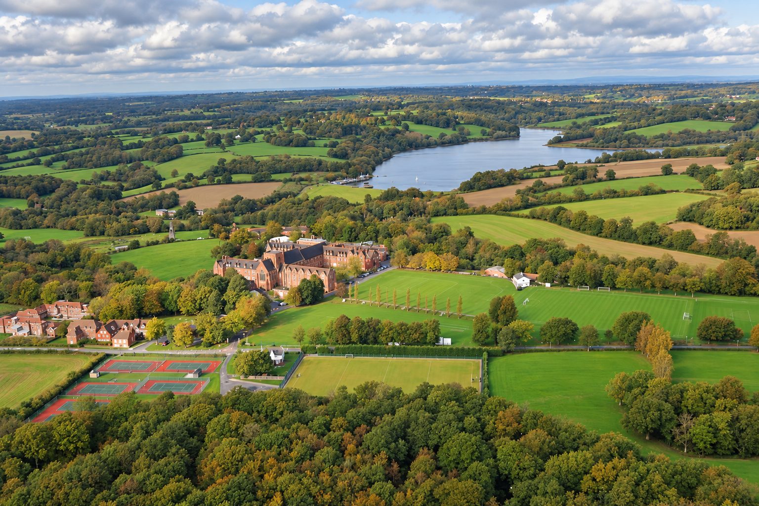 Aerial view of an English boarding school campus with sports fields, tennis courts and a lake amid rolling countryside