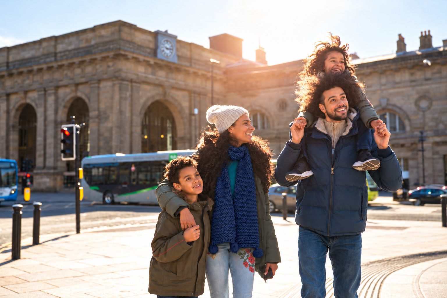 Family exploring an English city centre on a sunny winter day near a historic train station