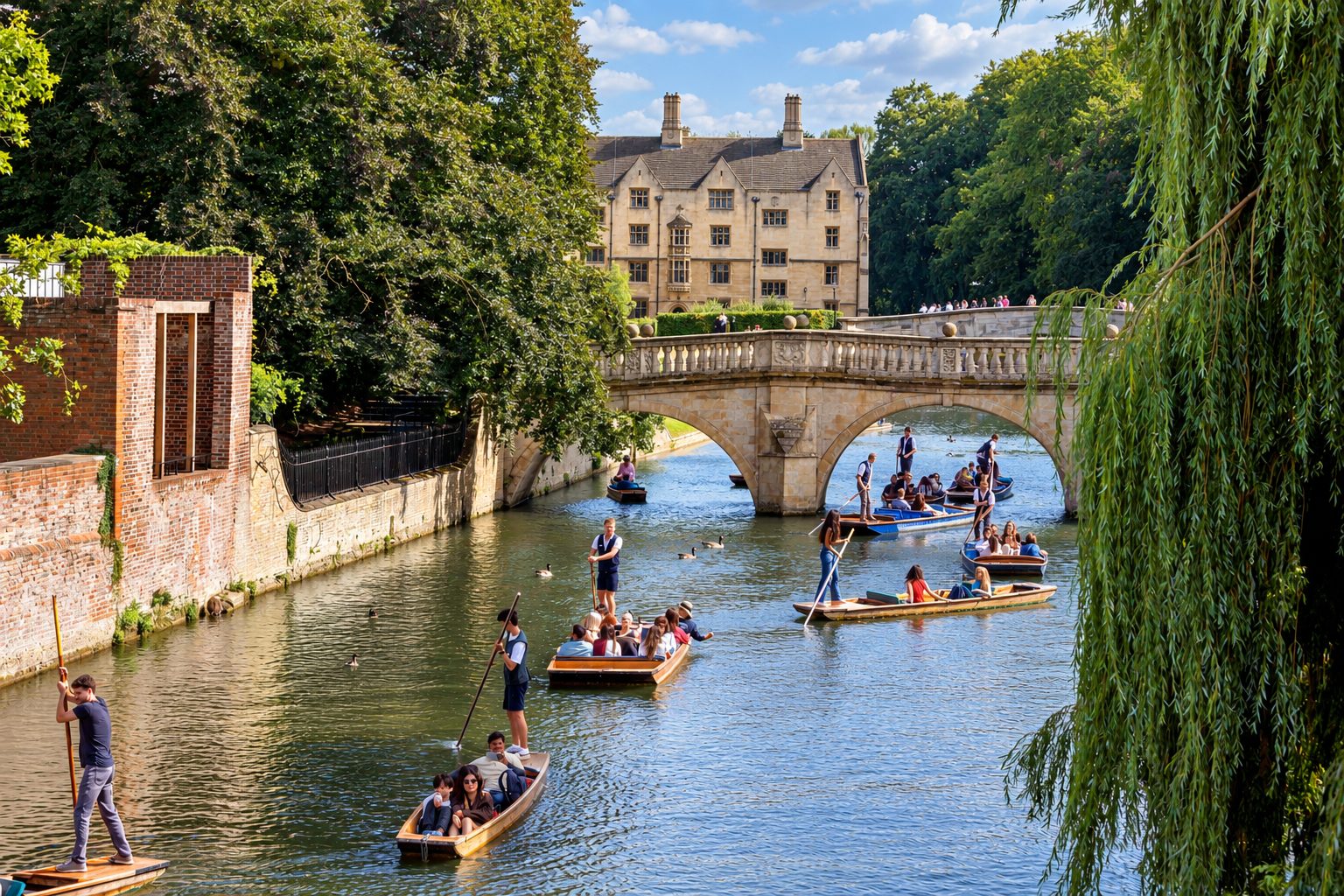 Students punting along the River Cam past Cambridge's historic stone bridge and college buildings
