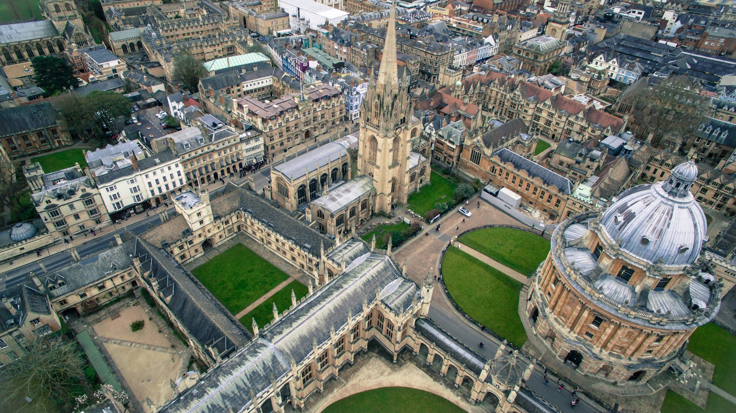 Aerial view of Oxford's historic spires, college quads and the Radcliffe Camera dome