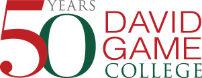 David Game College 50 years anniversary logo in red and green