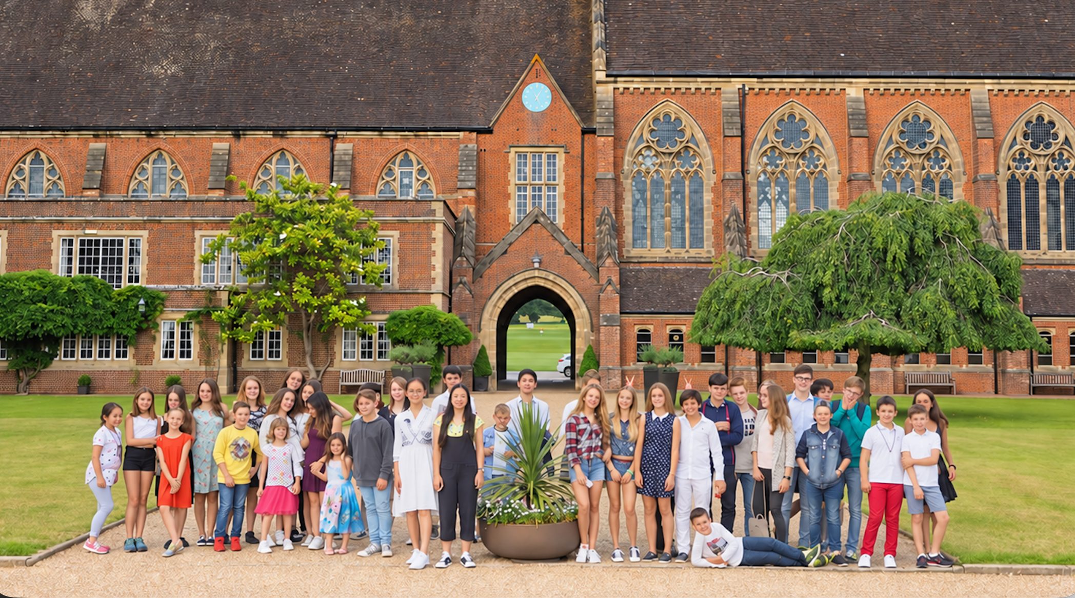 Group of international students posing outside a historic English boarding school on a language course