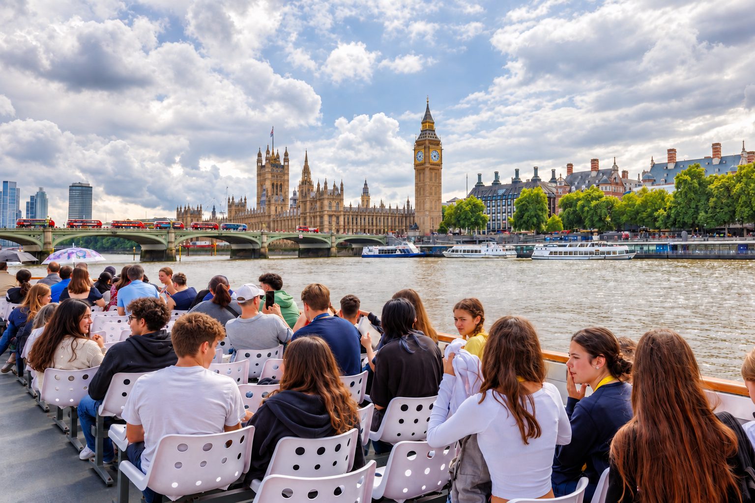 Students on a Thames river boat tour with Big Ben and the Houses of Parliament in view