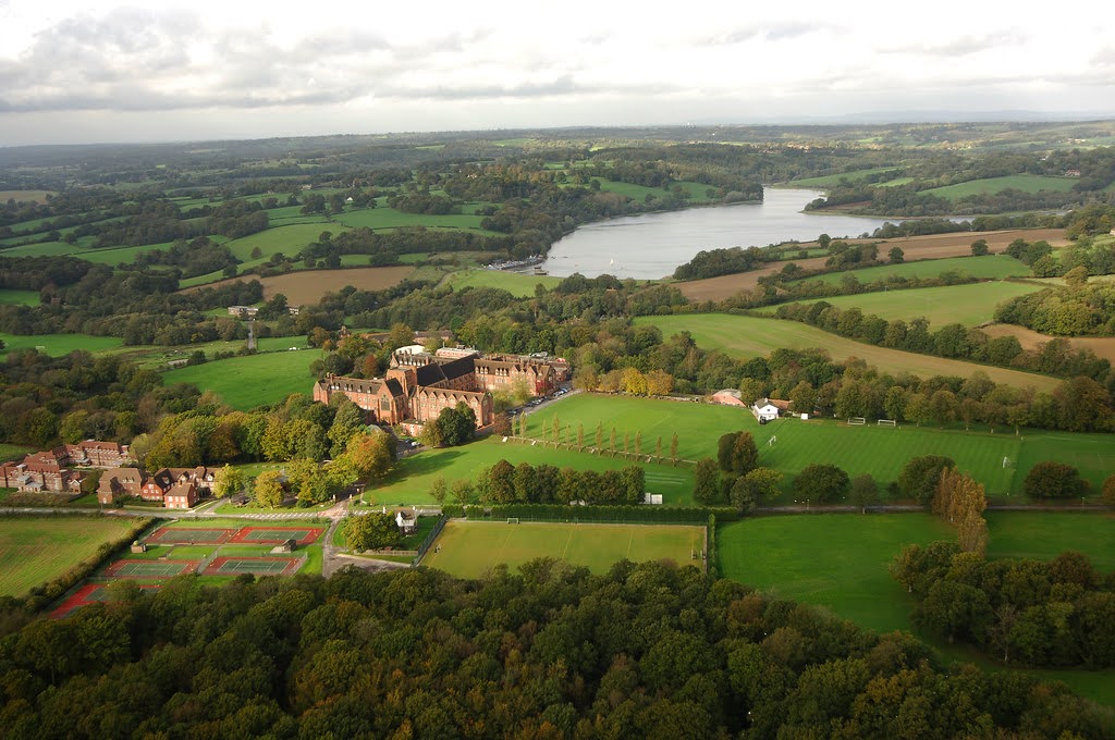 Aerial view of Ardingly College campus surrounded by sports fields and the Sussex countryside