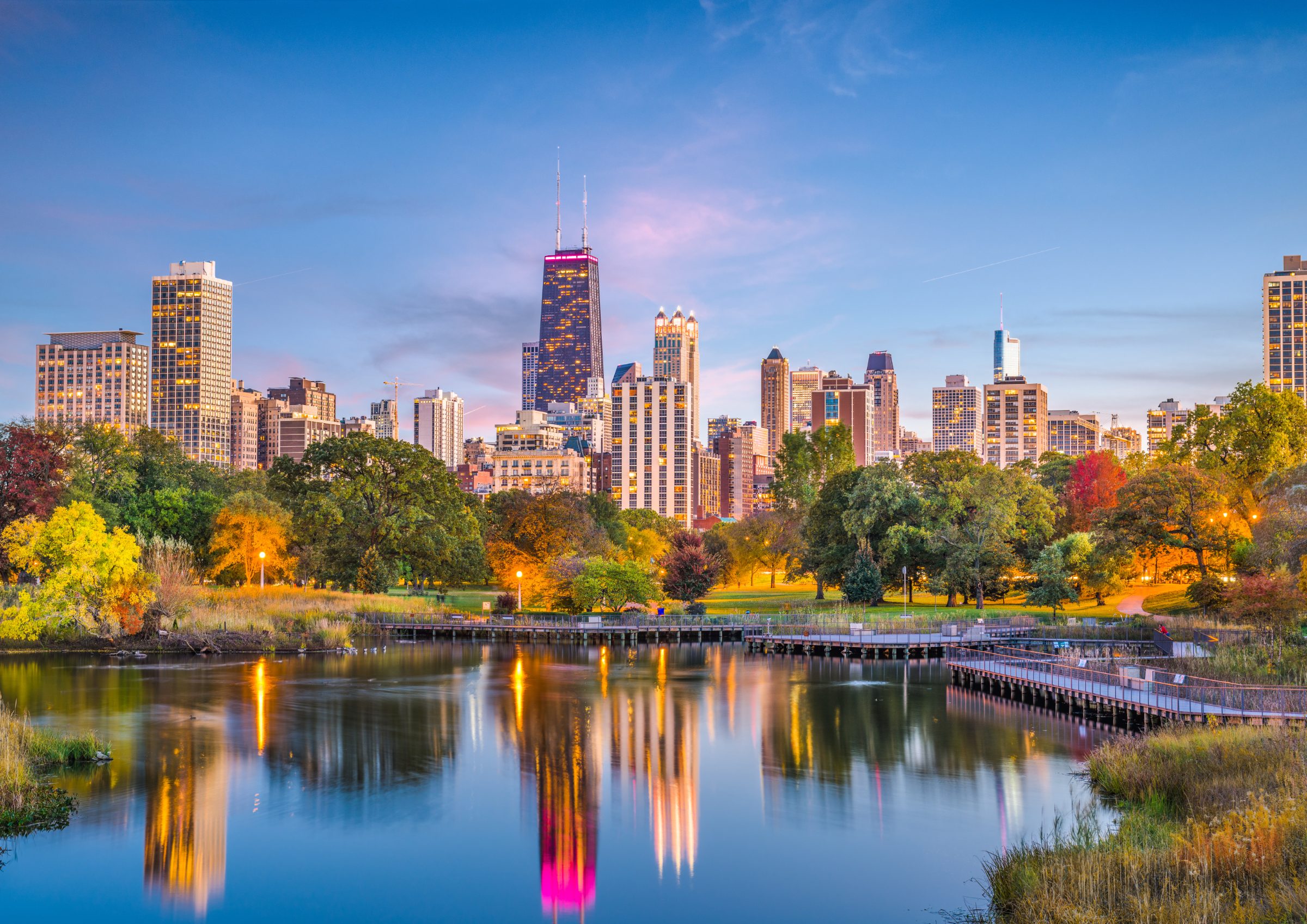 Chicago skyline reflected in a lagoon at twilight, a popular study abroad destination for USA language programs