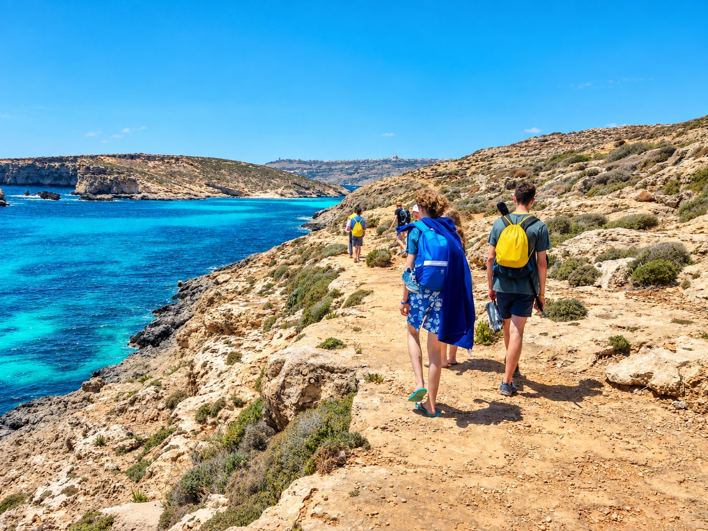 Teenage students walking a cliffside trail above the turquoise waters of Malta's Blue Lagoon on a language course excursion